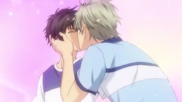 Anime gay schoolboys make out in a library